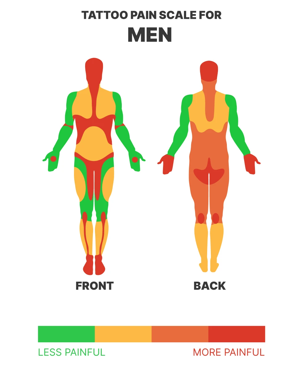 Infographic showing tattoo pain levels on different male body parts, from low to high sensitivity