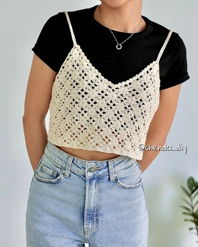 Handmade crochet floral square top in cream with colorful flower motifs, square neckline, and short cap sleeves.