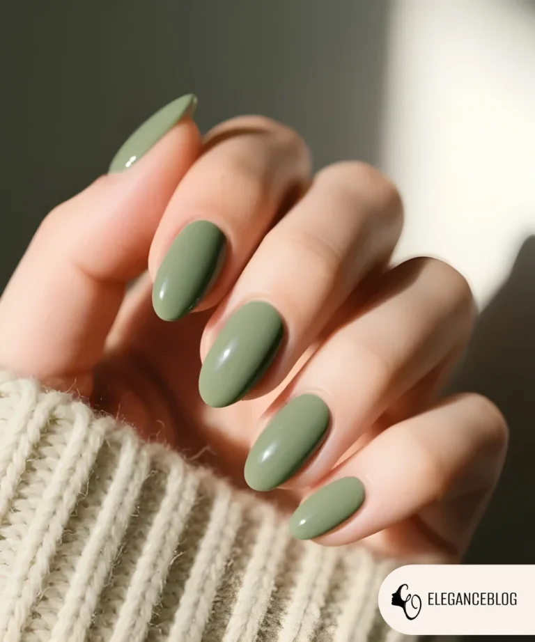 Earthy green almond-shaped nails styled for winter manicure ideas
