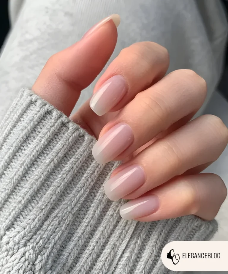 Sheer frost nails with glossy gel finish on a relaxed hand in winter light
