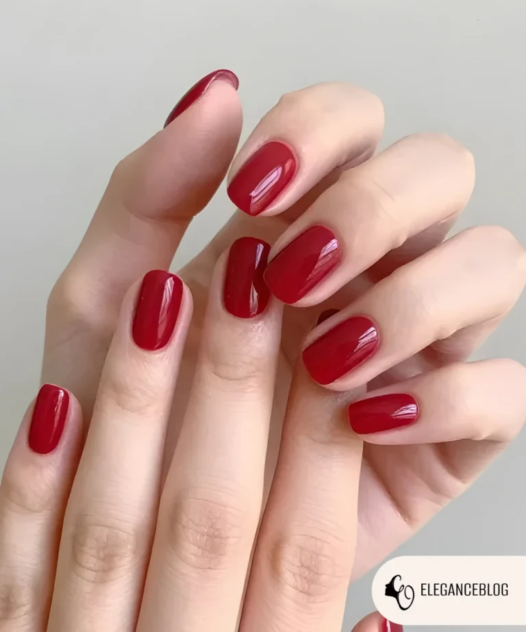 Ruby red winter nails with shiny gel polish on medium-length almond-shaped nails in soft daylight
