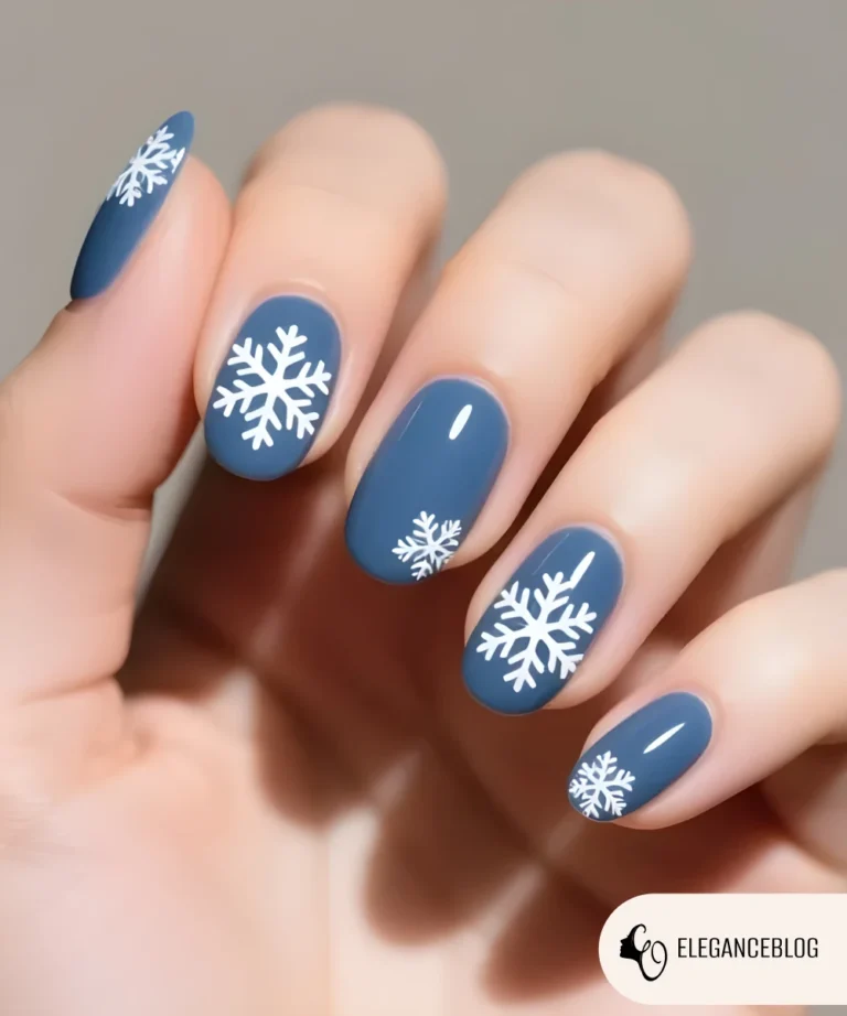 Nail art with snowflake accents on two nails and a glossy winter finish.