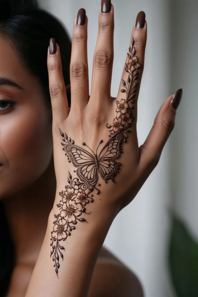 Elegant butterfly mehndi design with flowing wings, dotted accents, and ornamental henna details on skin.