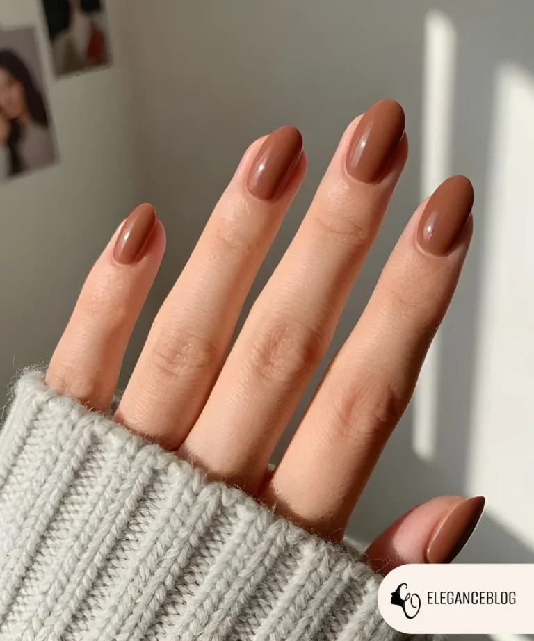 Cocoa brown winter nails with glossy gel finish