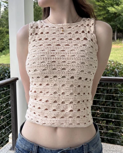 Front view of summer crochet arched tank top with textured arch stitch pattern.