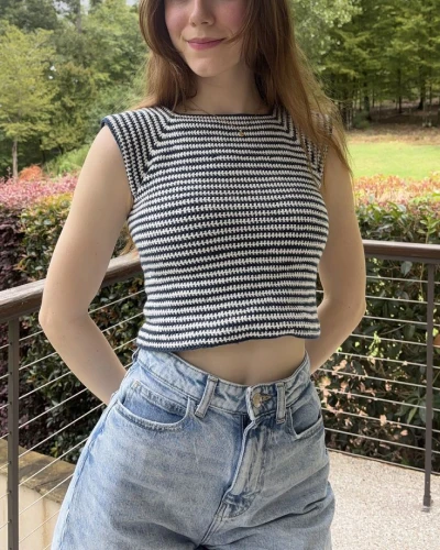 Front view of summer crochet striped raglan top with horizontal stripes and relaxed fit.