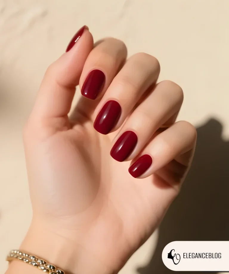 Dark cherry colored nails with glossy finish