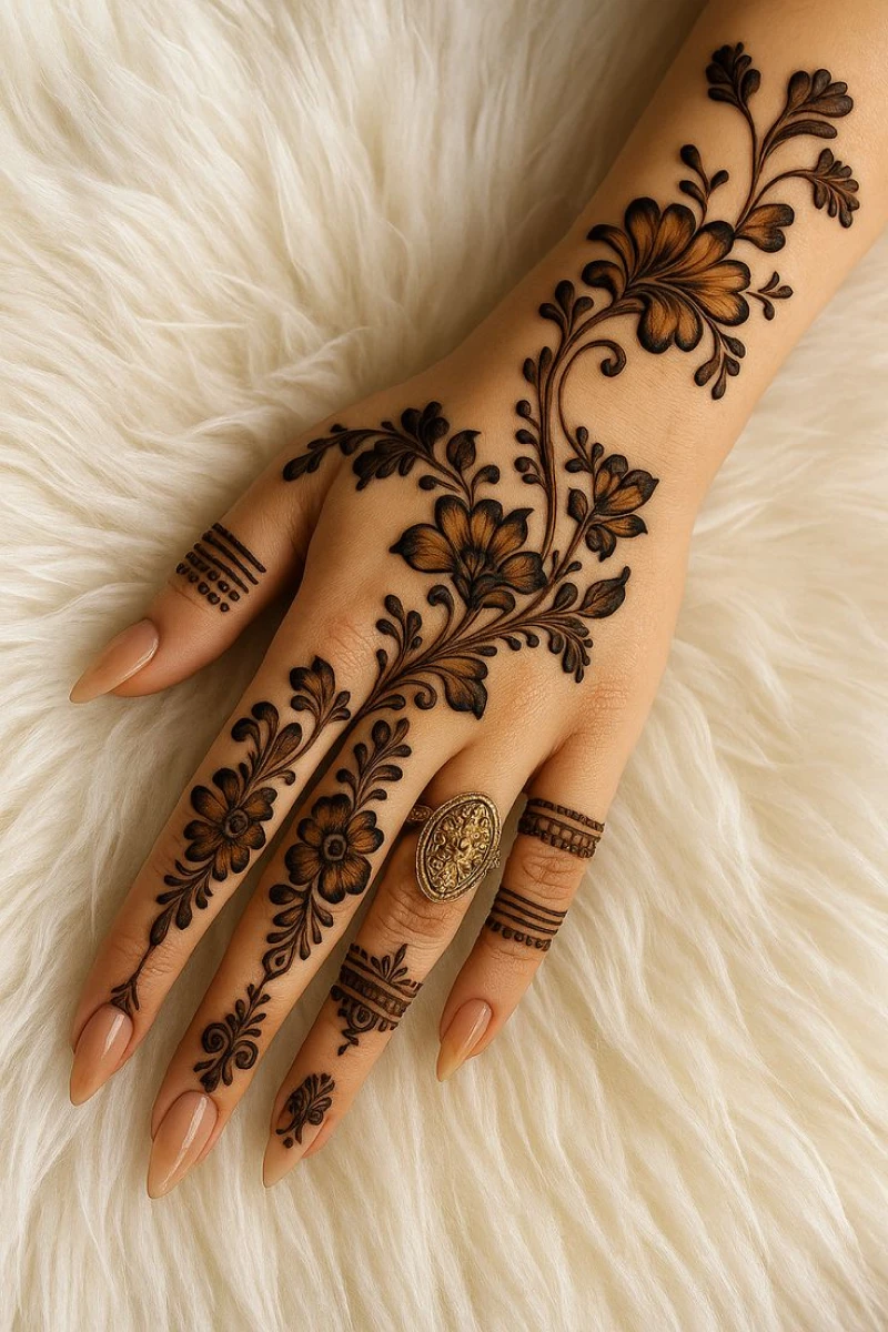 Floral mehndi design with detailed petals, leaves, and fine henna linework on skin.