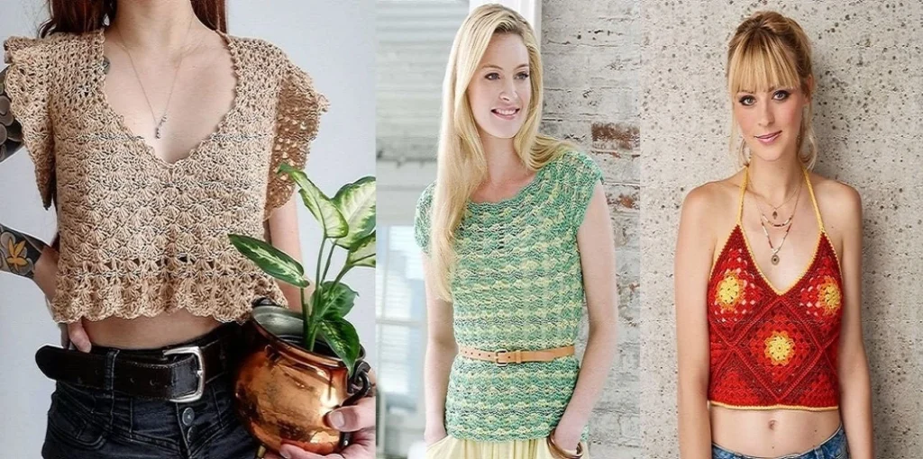 Three girls wearing handmade crochet tops in different styles, standing together outdoors on a sunny day.