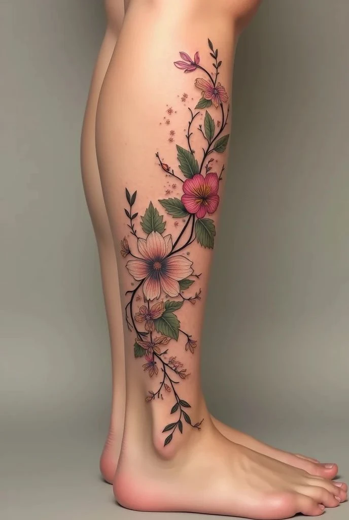 Woman’s leg tattoo featuring a detailed floral and linework design
