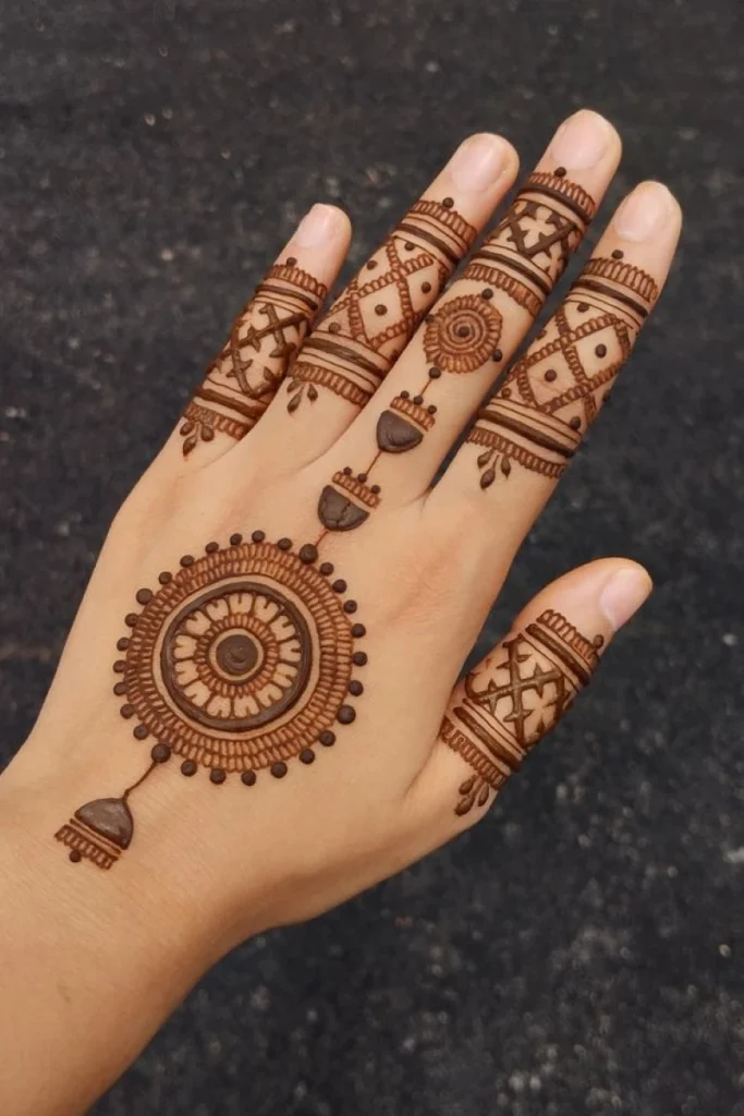 Intricate mandala mehndi design featuring layered circular motifs and ornamental henna details.