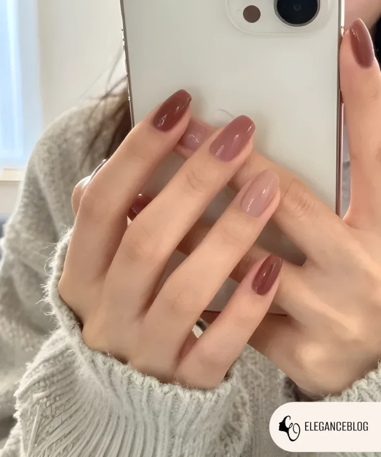 Mocha brown winter nails with glossy finish photographed at home