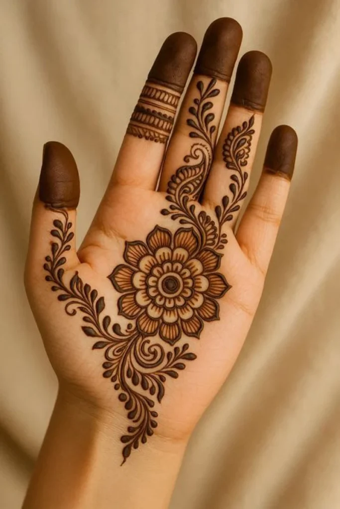 Palm flower mehndi design with layered petals, leafy accents, and intricate henna patterns.