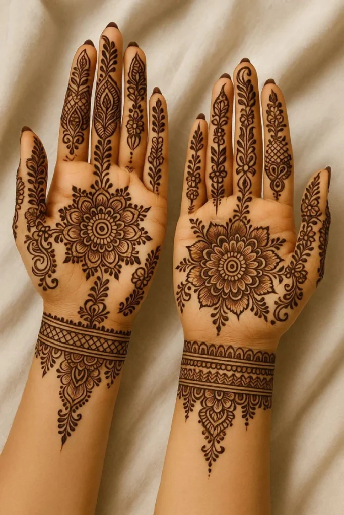 Palm flower mehndi design with a central floral motif and fine henna detailing on the hand.