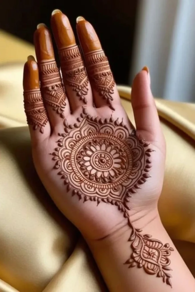 Detailed palm mehndi design with symmetrical motifs and fine henna linework.