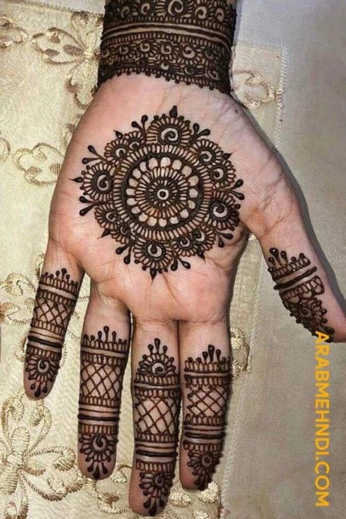 Palm mandala mehndi design with symmetrical circular patterns and fine henna detailing on the hand.