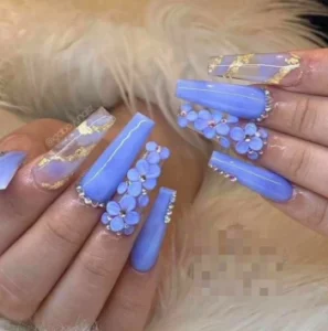 flower shaped 3d finish on coffin shaped nails