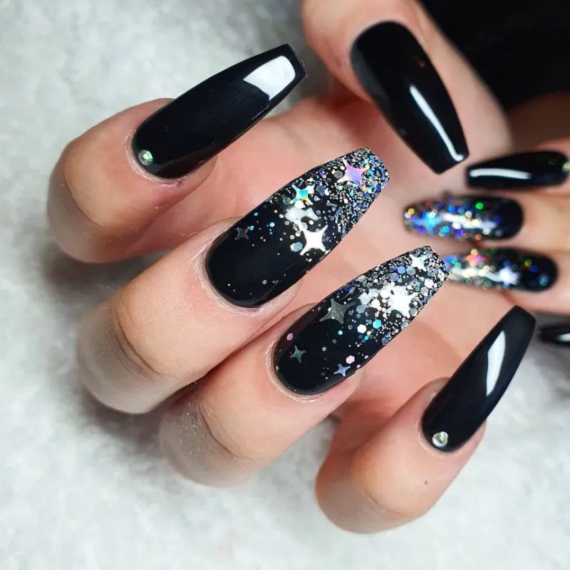 black glitter stars coffin nails