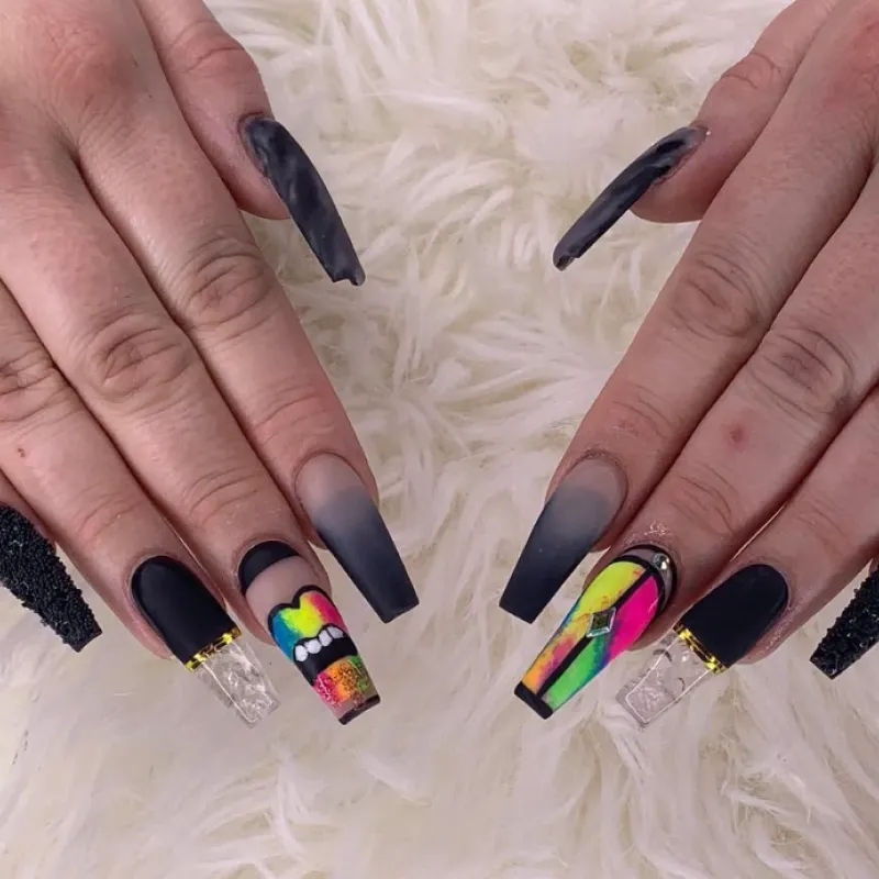 black colorful coffin nails