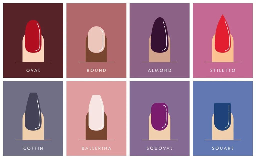 Different nail shapes infographic showing square, round, oval, almond, squoval, and stiletto.